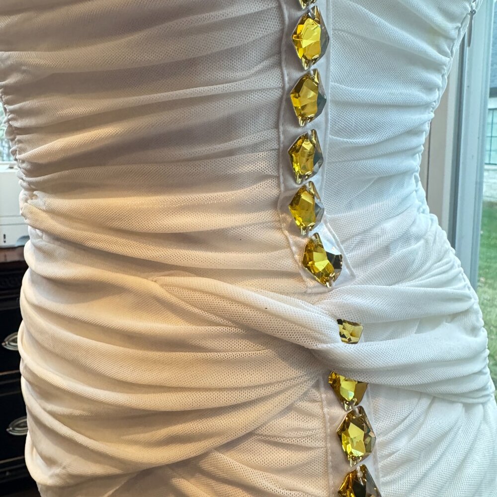 Bebe Strapless Bodycon White Mini Dress Gold Accents - Picture 9 of 12
